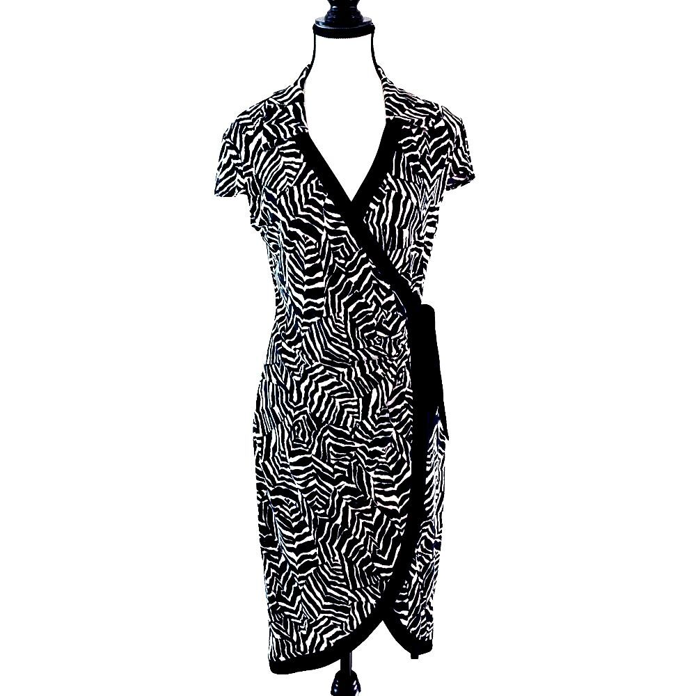 Joseph Ribkoff Zebra Print Faux Wrap Midi Dress Black Vanilla Cap Sleeve 8
